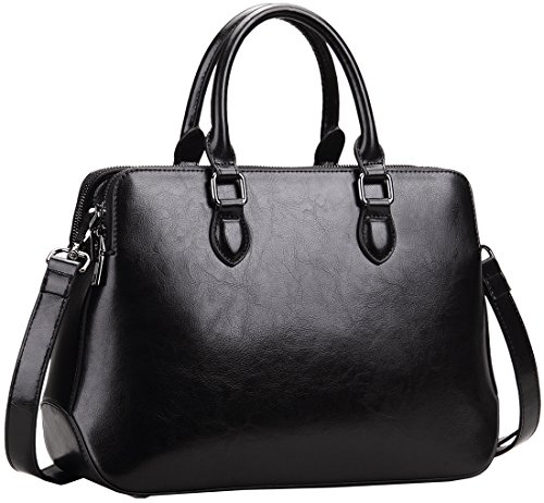 Heshe Leather Womens Handbags Totes Top Handle Shoulder Bag Satchel Ladies Purses (Black-Cowhide Leather)