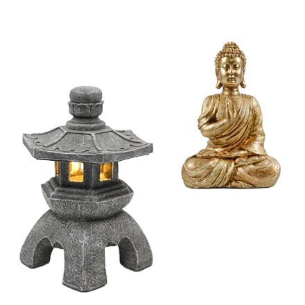 A Bundle of Solar Pagoda Lantern and Zen Buddha Figurine
