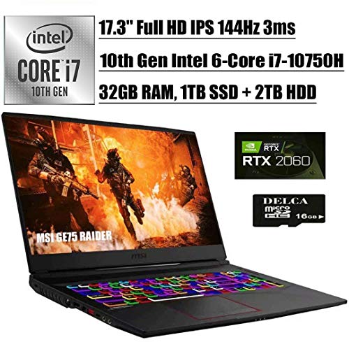 MSI GE75 Raider 2020 Premium Gaming Laptop I 17.3″ FHD IPS 144Hz I 10th Gen Intel Hexa-Core i7-10750H I 32GB DDR4 1TB SSD + 2TB HDD I 6GB RTX 2060 RGB Backlit KB Win 10 + Delca 16GB Micro SD Card