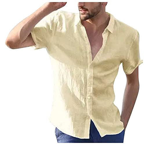 ZNNE Mens Short Sleeve Shirt Linen Cotton Button Down Summer Beach Tops Vacation Solid Color Lapel Casual Loose Shirts Mens Christmas Shirts Golf Shirts Ping Golf Shirts for Men Polo Shirts for Men