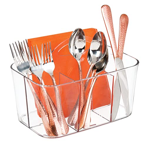 mDesign Plastic Cutlery Storage Organizer Caddy Bin Tote with Handle – Kitchen Cabinet Divided Pantry Basket for Forks, Knives, Spoons, Napkins, Indoor/Outdoor Use, Lumiere Collection, Clear