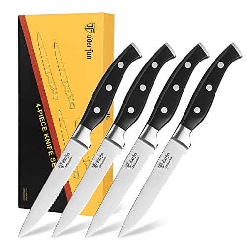 ODERFUN Steak Knives Set of 4, High Carbon Serrated Steak Knives 4.5 Inch, Full Tang and Ergonomic Handle, German Stainless Steel Steak Knife Set with Gift Box