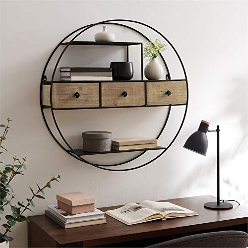 Riverbay Furniture Round Metal and Wood Wall Shelf in Black and Brown | The Storepaperoomates Retail Market - Fast Affordable Shopping