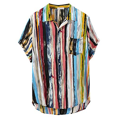 ZNNE Mens Short Sleeve Button Front Shirts Cotton Linen Summer Hawaiian Stripe Print Tops Round Hem Casual Loose Shirt Mens Christmas Shirts Golf Shirts Ping Golf Shirts for Men Polo Shirts for Men