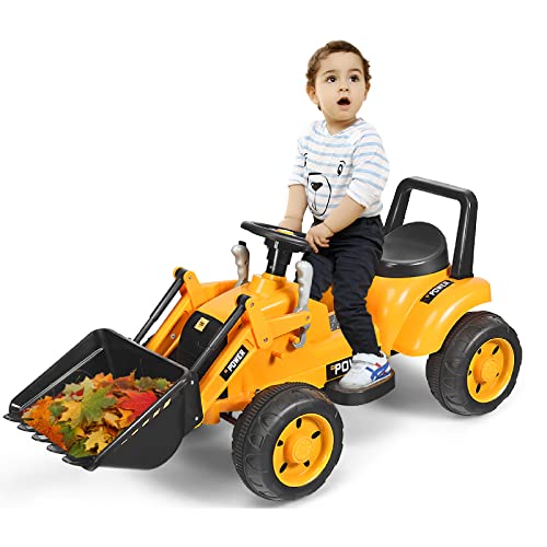 HONEY JOY Ride On Excavator, 6V Battery Powered Wheeled Loader Digger with Working Front Bucket, Forward/Backward, Electric Construction Vehicle for Kids, Ride On Tractor for Boys Girls, Yellow