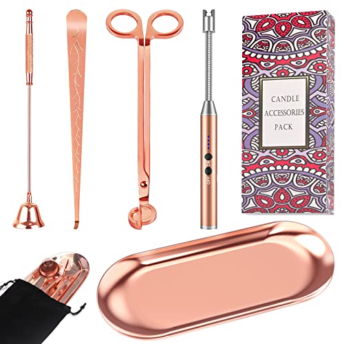 FEPTUASE Rose Gold 5PCS Candle Accessory Set with Rechargeable Candle Lighter, Wick Trimmer, Storage Tray, Snuffer, Wick Dipper, Stainless Steel Candle Care Kit with Gift Package for Candle Lover