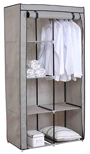 Sunbeam 6 Tier Quick Set Up Portable Free-Standing Multi- Purpose Wardrobe Closet Organizer with Breathable Non-Woven Fabric Shelves and 43″ Wide Steel Hanging Rod, Grey