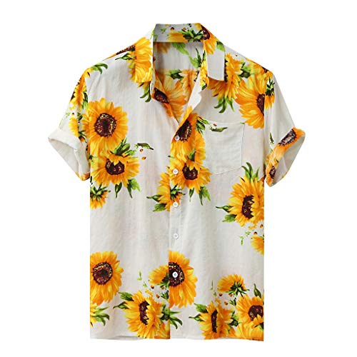 ZNNE Hawaiian Shirt for Men, Men’s Summer V Neck Shirts Casual Loose Sunflower Print Short Sleeve Button Up Shirts Tops Mens Christmas Shirts Golf Shirts Ping Golf Shirts for Men Polo Shirts for Men