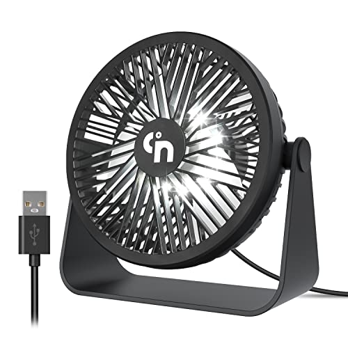 WayToLight 5.3 inch USB Desk Fan with LED Light , 3 Speeds, 360° Adjustment , Portable Mini Desktop Table Fan, Small Personal Cooling Fan for Home Office Outdoor, Black
