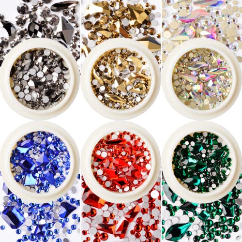 Umillars 6 Wheels Nail Art Decorations Mixed Colored Multi Shaped Sized Rhinestones Diamonds Beads Flat Colorful Sparkle Nail Art Glass Rhinestones Crystal Gems(style-1)