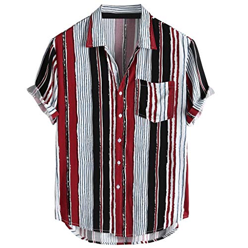 XZNB Hawaiian Shirt for Men, Men’s Summer V Neck Shirts Casual Loose Stripe Print Short Sleeve Button Up Shirts Tops Mens Christmas Shirts Golf Shirts Ping Golf Shirts for Men Polo Shirts for Men