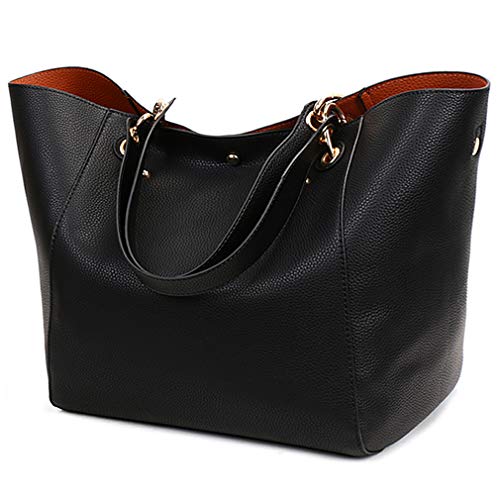 Pahajim Tote Handbags for Women Large Capacity Work PU Leather Bucket Purse Designer Satchel Hobo Shoulder Bags (black)