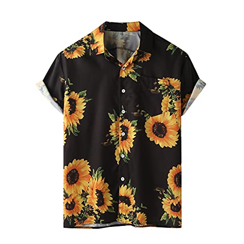 XZNB Hawaiian Shirt for Men, Men’s Summer V Neck Shirts Casual Loose Sunflower Print Short Sleeve Button Up Shirts Tops Mens Christmas Shirts Golf Shirts Ping Golf Shirts for Men Polo Shirts for Men