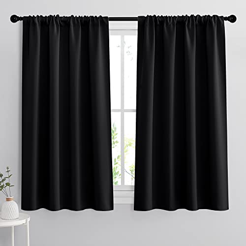 RYB HOME Bedroom Blackout Curtains – Black Curtains Solar Light Block Insulated Drapes Energy Saving for Bedroom Dining Living Room, 42 x 45 inches Long, Black, Set of 2