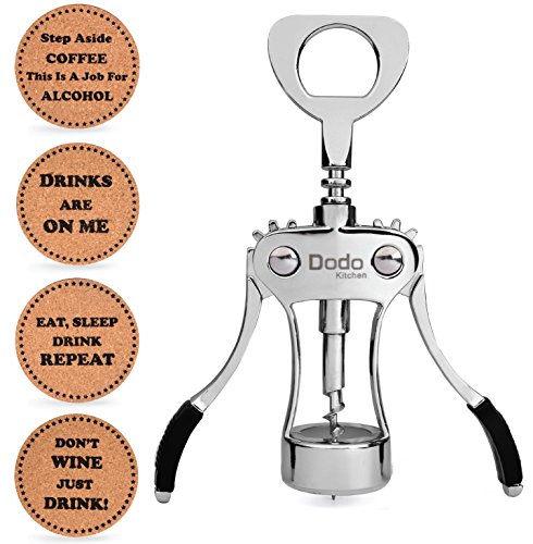 Stainless Steel Wine and Beer Bottle Opener + 4 Drink Coasters by Dodo Kitchen Wing Corkscrew, Multifunctional gIft set