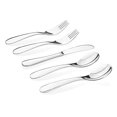 Kiddobloom Kids Stainless Steel Utensil Set, Education Series, High Grade Stainless 304 (18/8), Set of 5 (2 Spoons, 2 Forks, and 1 Butter Knife) Silverware for Montessori Toddler and Kids.