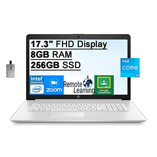 2022 HP 17.3″ FHD Laptop Computer, 11th Gen Intel Core i3-1115G4 Processor, 8GB DDR4 RAM, 256GB PCIe SSD, Intel UHD Graphics, HD Camera, HDMI, Bluetooth, Windows 11, Silver, 32GB SnowBell USB Card