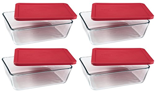 PYREX Containers Simply Store 6-cup Rectangular Glass Food Storage Red Plastic Covers … (Pack of 4 Containers)