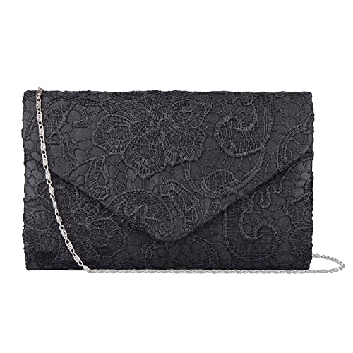BAGLAMOR Women’s Elegant Floral Lace Envelope Clutch Evening Prom Handbag Purse (Black)