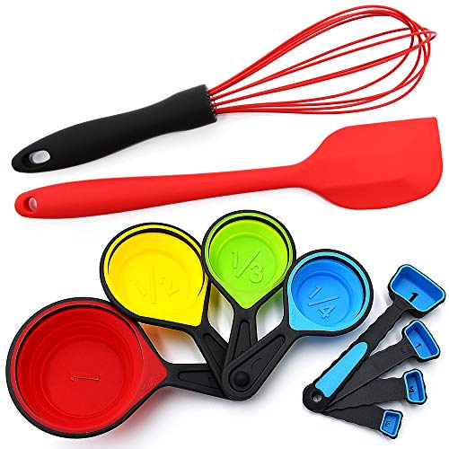 Silicone Whisk – Collapsible Measuring Cups and Spoons – Baking Spatula – 10 Piece Set – Cooking Kitchen Utensils