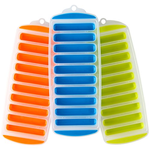 Lily’s Home Silicone Narrow Ice Stick Cube Trays with Easy Push and Pop Out Material, Ideal for Sports and Water Bottles, Assorted Bright Colors (11″ x 4 1/2″ x 1″, Set of 3)