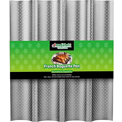 Amagabeli Baguette Pan 15″ x 13″ Commercial Carbon Stee Nonstick for French Baguette Baking Pan 4 Slots Bread Pans for Baking 4 Gutter Oven Toaster Pan Silver