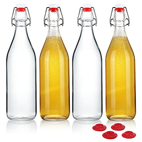 YEBODA Clear Glass Bottles with Stopper For Home Brewing Beer Kombucha Kefir & Airtight Silicone Seal 32 oz(4 Set)