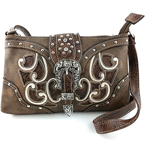 Justin West Western Tooled Laser Cut Rhinestone Buckle Messenger Bag Purse with Long Crossbody Strap (Brown)