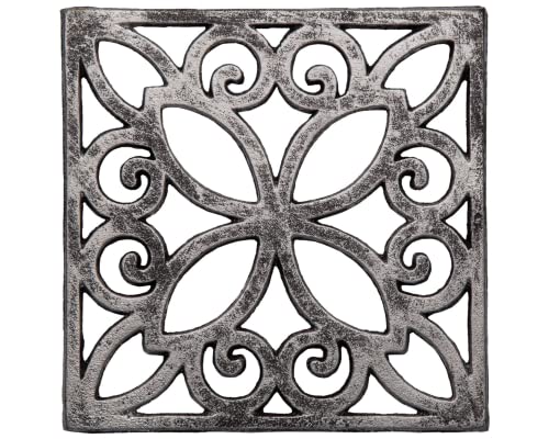 Comfify Decorative Cast Iron Trivet for Kitchen Or Dining Table | Square with Vintage Pattern – 6.5 x 6.5 | with Rubber Pegs/Feet – Recycled Metal | Vintage, Rustic Design – Rust Silver Color