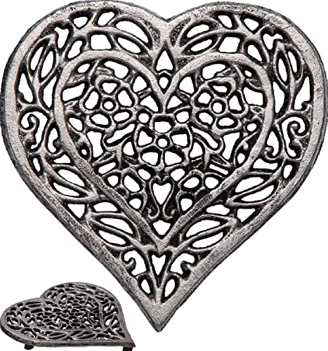 Cast Iron Heart Trivet | Decorative Cast Iron Trivet for Kitchen Countertop Or Dining Table | Vintage Design | 6.75X6.5 | with Rubber Pegs/Feet – Recycled Metal | Silver with Black