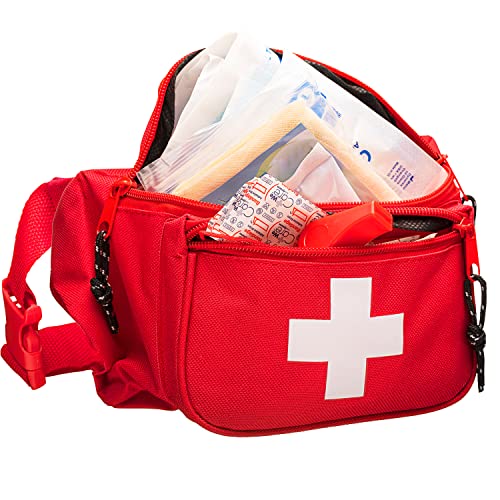 NOVAMEDIC First Aid Fanny Pack Stocked with 75 Piece Emergency Essentials, 8″x2″x6″, Waist Bag w/ 3 Zippered Compartments & Adjustable Strap for Lifeguard, Hiking, Travel Men & Women, Durable, Red