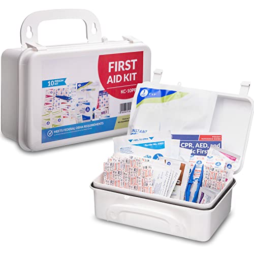 NOVAMEDIC Compact First Aid 10 Person Kit, 5″x3″x8”, Stocked with 102 Pieces Emergency Medical Supplies & Essentials for Travel, Home, Car, School, Work, Hiking & Camping, Hard Case with Wall Mount