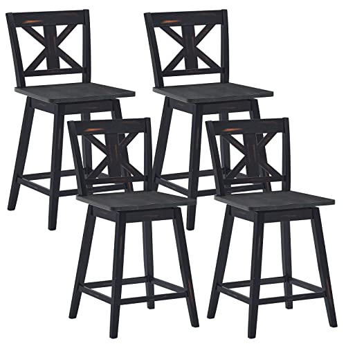 COSTWAY Bar Stools Set of 4, 360 Degree Swivel Counter Height Chairs w/ Non-Slip Foot Pads, Rubber Wood Bar Chairs, Vintage Bar Stools for Home, Restaurant & Pub (Black)