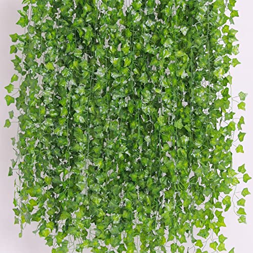 kovdim Artificial Ivy Vines Leaves 12 Strands (84 Ft), Ivy Garland Fake Vines Plants Hanging for Bedoom Room Wall Weeding Party Decor, Green