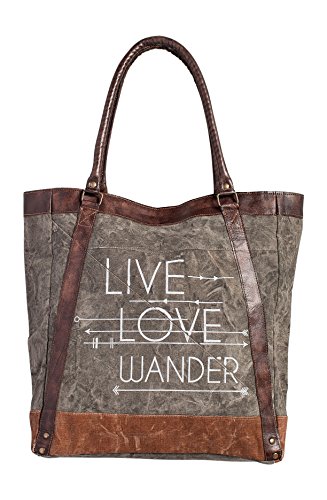 Mona B. Vintage Upcycled Canvas Tote Bags with Vegan Leather Trim (Live Love Wander-Charcoal)