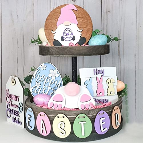 GONEBIN Easter Tiered Tray Decorations,Farmhouse Easter Bunny Decor,Spring Signs Seasonal Farm Fresh Egg Rabbit Tag Rustic Mini Signs,Kitchen Wood Ornaments Home Decor Set of 12