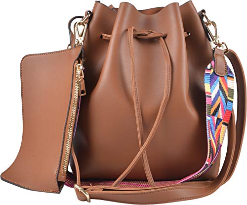 QZUnique Handbag Set Women’s PU Leather Drawstring Bucket Bag Crossbody Shoulder Bags Purses Set With Colorful Strap Brown