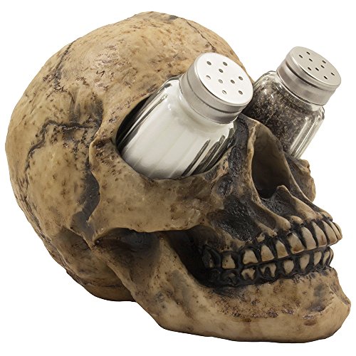 Scary Evil Human Skull Salt and Pepper Shaker Set Figurine Display Stand Holder for Spooky Halloween Party Decorations & Gothic Kitchen Decor Collectible or Novelty Gifts by Home-n-Gifts