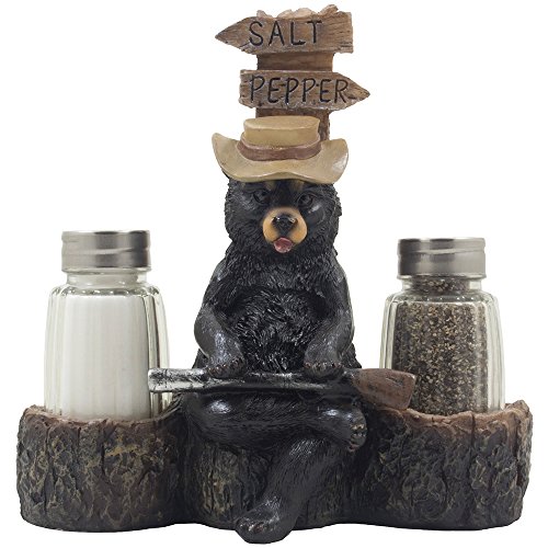 Papa Bear Overseeing Shotgun Wedding Salt and Pepper Shaker Set with Decorative Figurine Display Stand in Rustic, Lodge or Cabin Kitchen Decor or Wedding Table Centerpieces As Unique Wedding Gifts