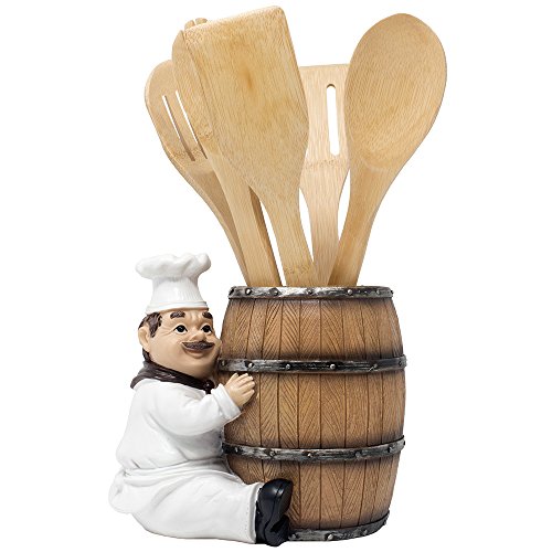 French Chef Pierre Decorative Countertop Utensil Holder Crock with Faux Wood Wine Barrel Display Stand Table Statue for Country Cottage Decor & Gourmet Kitchen Decorations As Housewarming Gifts