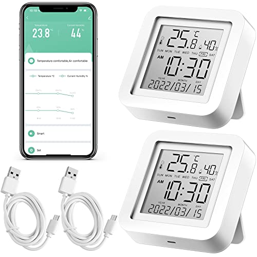 2 Pcs Smart WiFi Temperature Monitor Temperature Humidity Monitor WiFi Hygrometer Thermometer Digital Room Temperature Monitor with App Notification Alert and LCD Display House Thermometer Control