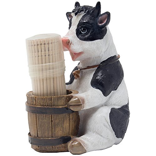 Decorative Holstein Cow Toothpick Holder Set Figurine with Wood Toothpicks and Old Fashioned Water Pail Display Stand for Rustic Bar or Country Kitchen Décor as Farm Animal Gifts for Dairy Farmers