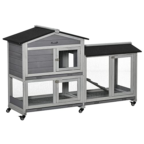 PawHut 62″ Wooden Rabbit Hutch, Bunny Cage, Pet Playpen House with Wheels, Run Box, No Leak Tray, and Ramp for Small Animals, Indoor/Outdoor Use, Light Grey | The Storepaperoomates Retail Market - Fast Affordable Shopping