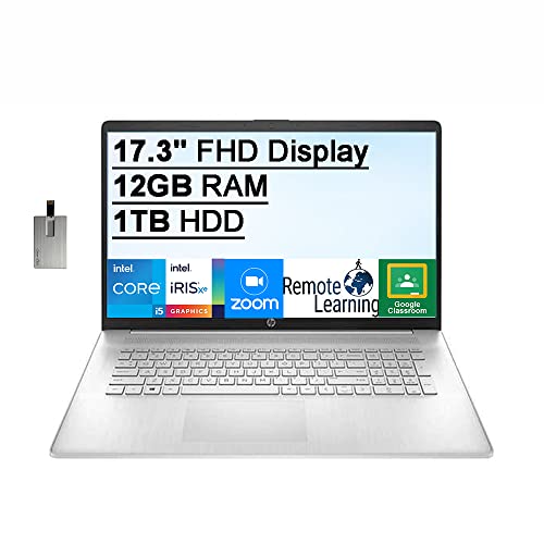 2021 HP 17.3″ FHD IPS 250 Nits Laptop Computer, 11th Gen Intel Core i5-1155G7 Processor, 12GB RAM, 1TB HDD, Backlit Keyboard, Intel Iris Xe Graphics, HD Webcam, HD Audio, Win 11, Silver, 32GB USB Card