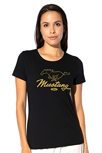 Ford Mustang Pony Script Juniors’ Sheer Fitted T Shirt (X-Large) Black