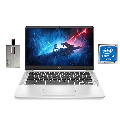 2020 HP Chromebook 14″ HD Laptop Computer, Intel Quad-core Pentium Silver N5000 Processor, 4GB RAM, 64GB eMMC, B&O Audio, HD Webcam, Long Battery Life, USB-C, Chrome OS, Grey, 32GB SnowBell USB Card