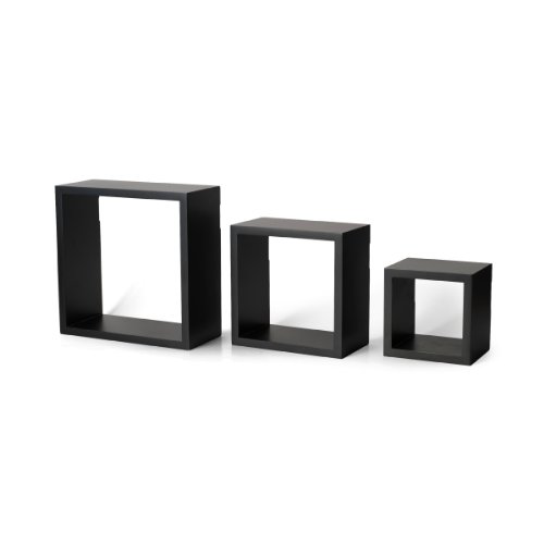 Melannco Floating Wall Square Cube Shelves for Bedroom, Living Room, Bathroom, Kitchen – Wood, Set of 3, Black