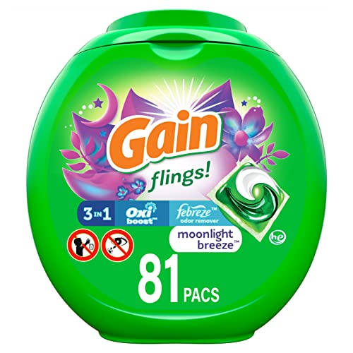Gain Flings Laundry Detergent Soap Pods, High Efficiency (HE), Moonlight Breeze Scent, 81 Count – Packaging May Vary