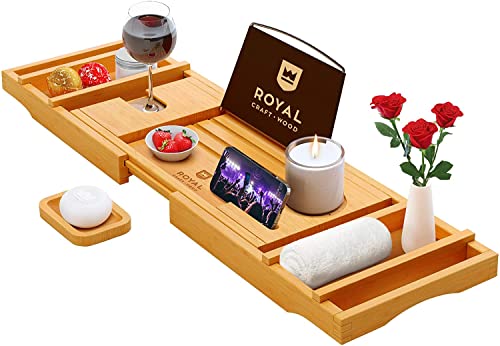 Luxury Bathtub Caddy Tray, 1 or 2 Person Bath and Bed Tray, Bamboo Bathtub Tray Expandable, Bath Tub Table Caddy with Extending Sides – Free Soap Dish