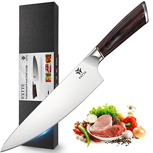 EXTTE Chef Knife 8 Inch, Professional Sharp Kitchen Knife, High Carbon German Stainless Steel Chef’s Knives for Cooking, Rust Resistant with Ergonomic Pakkawood Full Tang Handle